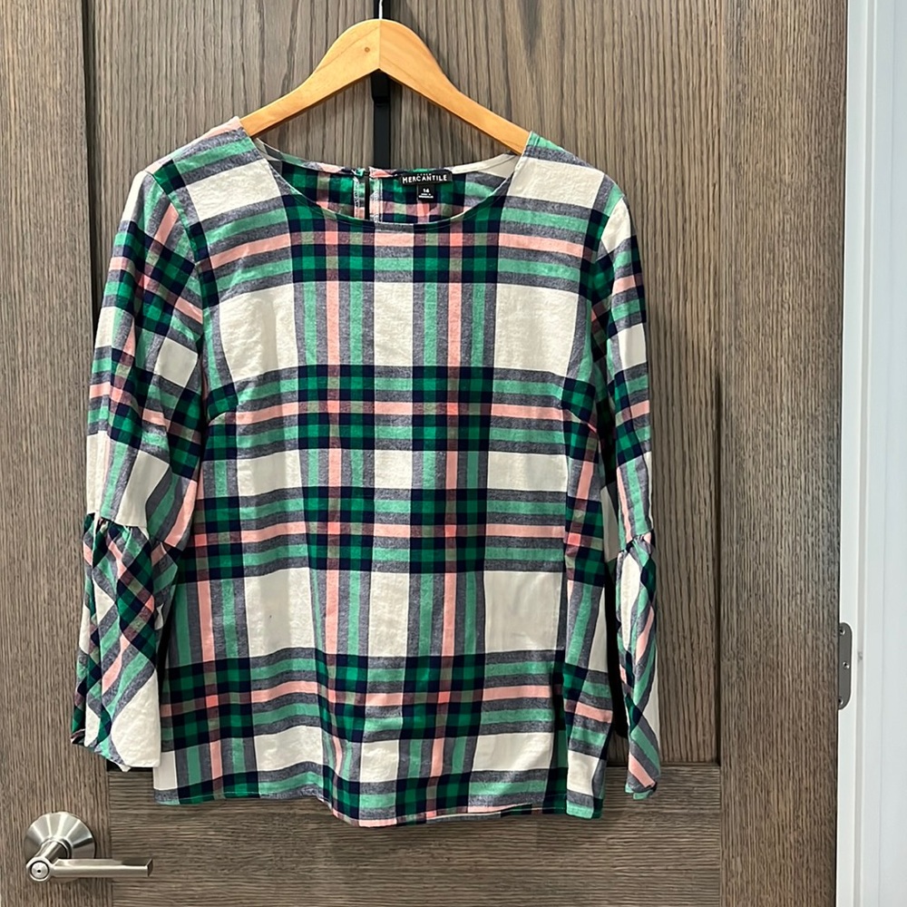 J Crew Factory Plaid Flannel Bell Sleeve Top, Size 14